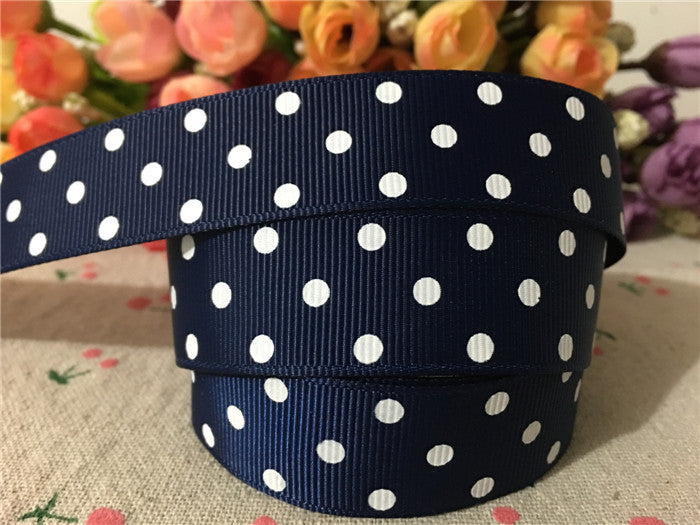 Navy Polka Dots Printed Grosgrain Ribbons