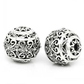 Round Antique Silver Hollow Flower Pattern Carved Beads
