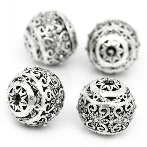 Round Antique Silver Hollow Flower Pattern Carved Beads